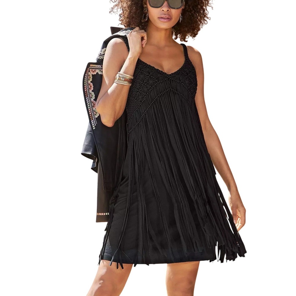Boston Proper Black Macrame Fringe Dress Crochet Flapper Boho Western Chic Sz L